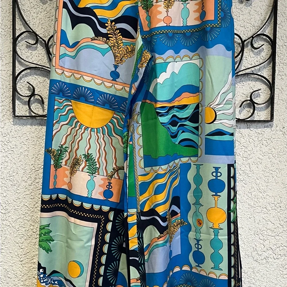 Anthropologie Blue Green Yellow Patchwork Wide-Leg Pants - Picture 4 of 13